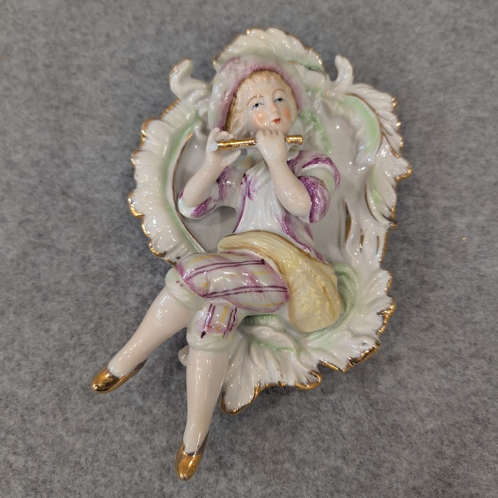 Vintage Porcelain Figurine Boy Playing Flute Wall Plaque Gold Trim Japan - Picture 1 of 3